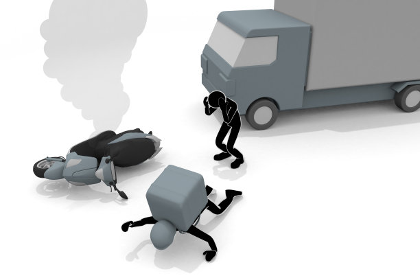 生产过程中发生交通事故。一辆卡车和一辆摩托车相撞。骑自行车撞人。在一次交通事故中受伤。图片下载