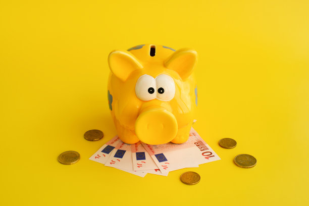 黄色背景的储蓄罐，硬币和欧元钞票。储蓄、融资、贷款兑换现金图片下载