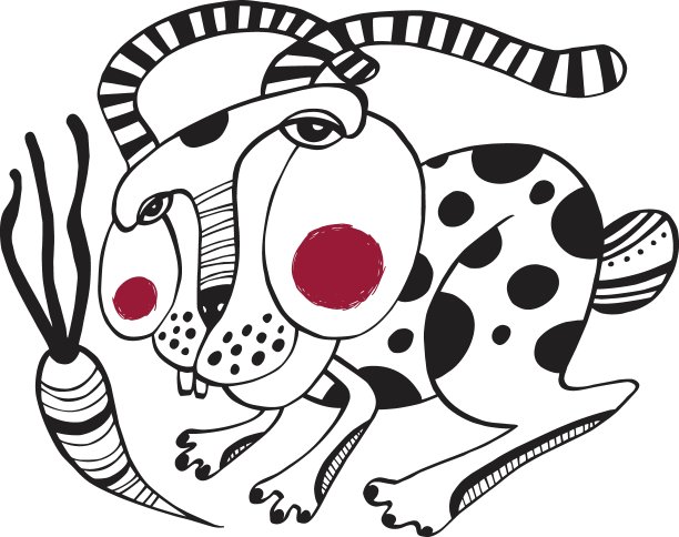 疯狂的兔子和胡萝卜。黑线艺术矢量插图。图片下载