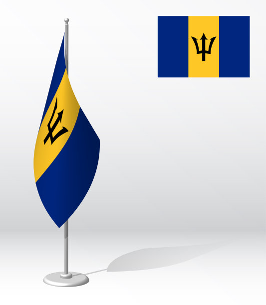 巴巴多斯国旗挂在旗杆上，用于隆重活动的登记，接待外宾。巴巴多斯国庆日。逼真的3D向量在白色图片下载