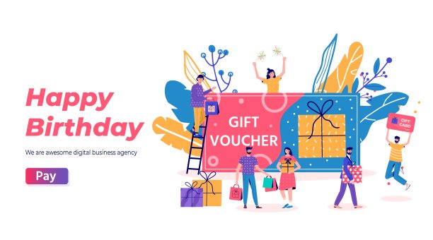 生日快乐登陆页面模板。推广网上店铺奖金或奖励。现代平面矢量广告插图。季节性折扣网站销售横幅与人图片下载