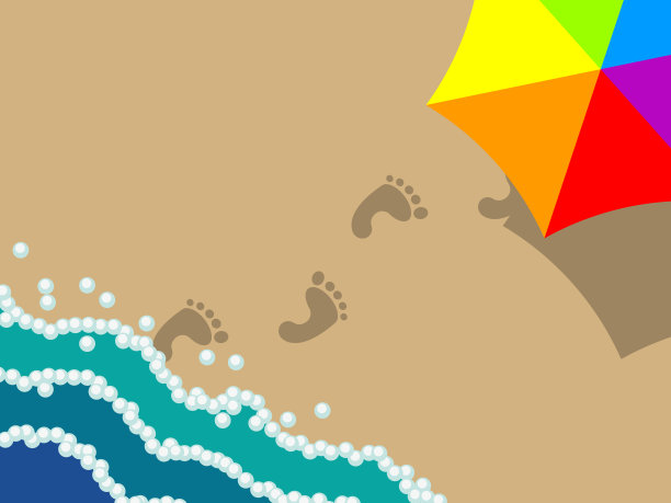 海浪在沙滩上翻滚，伞带着影子和脚印在沙滩上图片下载