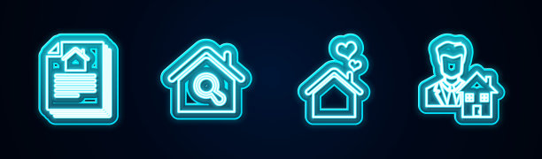 集行房屋合同，搜索房屋，以心形和房地产经纪人。发光的霓虹灯图标。向量图片下载