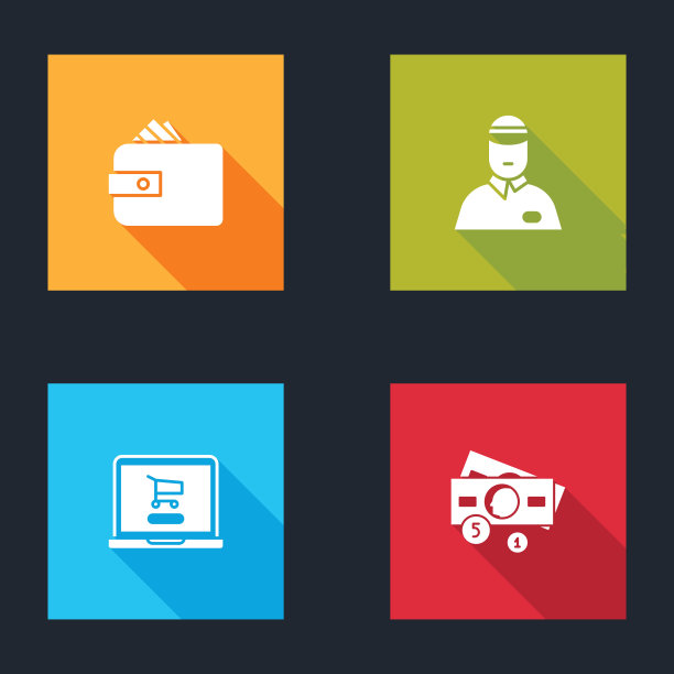 设置钱包与纸币现金，卖家，购物车笔记本电脑和堆栈图标。向量图片下载