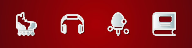 设置溜冰鞋，耳机，球拍和书的图标。向量图片下载