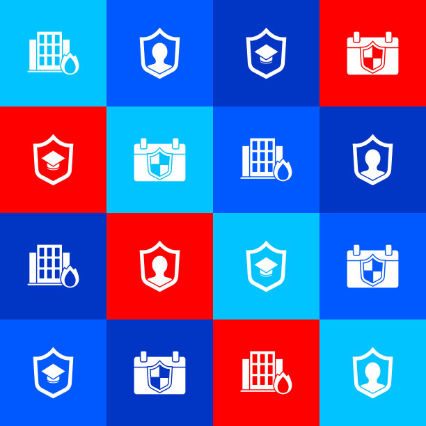 纵火在燃烧的房子，人寿保险与盾，毕业帽和日历图标。向量图片下载