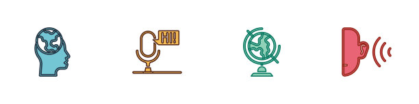 设置外语学习、麦克风语音装置、地球仪和听音信号图标。向量图片下载