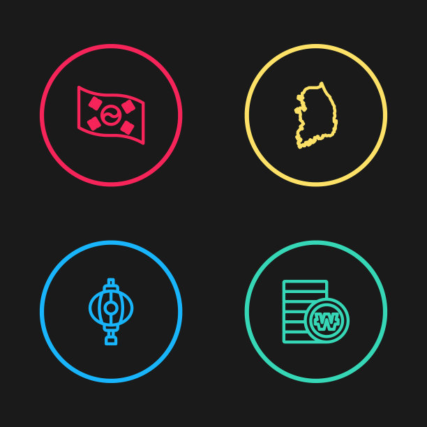 设置线韩国灯笼，韩国币，地图和国旗图标。向量图片下载