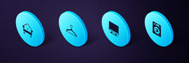 设置等距洗衣机，智能电视，衣架衣柜和沙发图标。向量图片下载