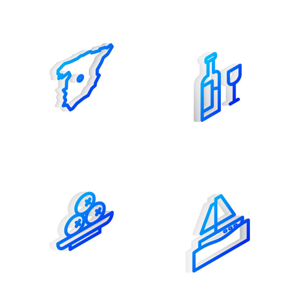 设置等距线酒瓶与玻璃，西班牙地图，盘子上的橄榄和游艇图标。向量图片下载