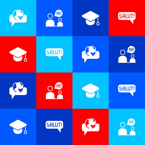 设置学习外语，两个坐着说话的男人，毕业帽和敬礼不同的图标。向量图片下载