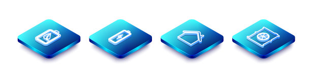 在桶图标中设置等距线生态自然叶片和电池，电池，房子和放射性废物。向量图片下载