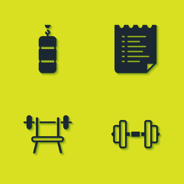 设置沙袋，哑铃，凳子与杠铃和运动训练程序图标。向量图片下载