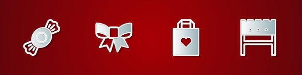 设置糖果，礼品弓，购物袋与心脏和烧烤火盆图标。向量图片下载