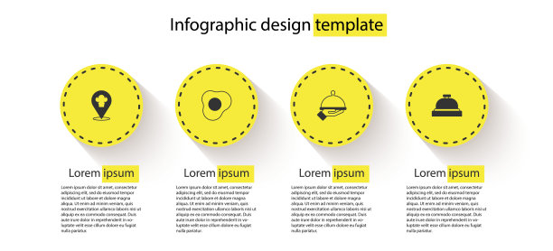 设置有位置的厨师帽，炒鸡蛋，有盖的食物托盘和酒店服务铃。业务信息模板。向量图片下载