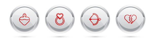 设置线瓶子与爱情药水，结婚戒指，弓和箭和破碎的心。银圈按钮。向量图片下载