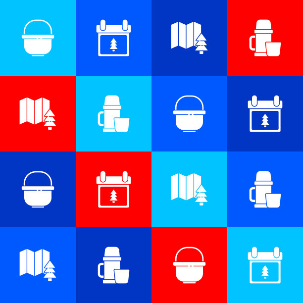 设置野营壶，日历与树，森林和热水瓶容器和杯子的位置图标。向量图片下载