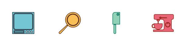 设置电子秤，煎锅，剁肉机和电动搅拌机图标。向量图片下载