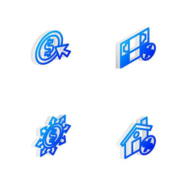 设置等距线的货币百分比，硬币与美元，美元，分享，网络和房子百分比折扣图标。向量图片下载