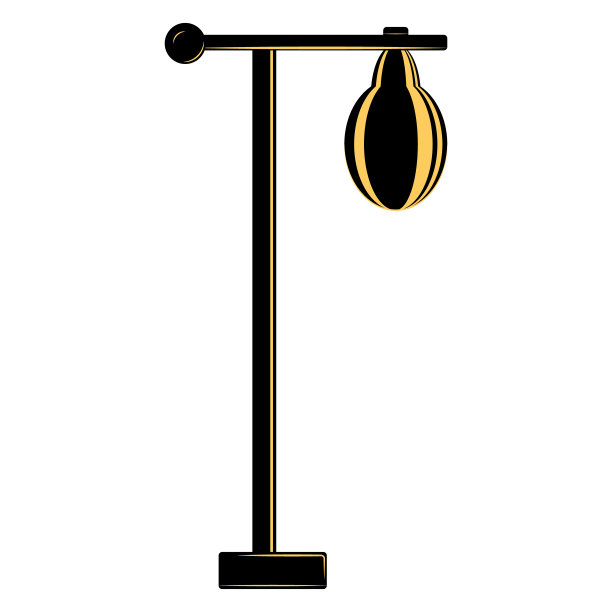 落地灯，家用照明设备。t形支架，梨形灯罩。房间落地灯。灯罩设计，室内时尚。矢量图标，平面，黑色，黄色，孤立图片下载