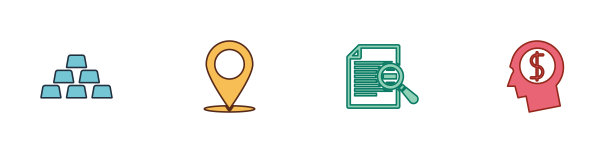 设置金条，地图别针，文件搜索和商人计划头脑图标。向量图片下载