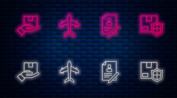 设置线平面，文件带盾，运输保险和安全。砖墙上闪烁的霓虹灯图标。向量图片下载