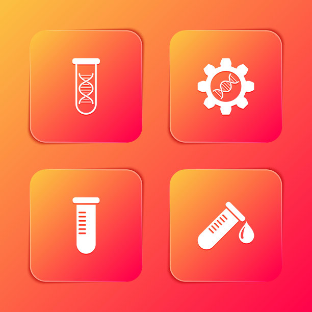 设置DNA研究，搜索，基因工程，试管或烧瓶和滴血图标。向量图片下载