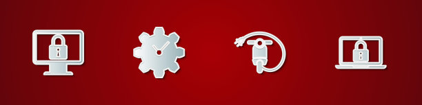 设置锁定监视器，时间管理，电动滑板车和笔记本电脑和锁图标。向量图片下载