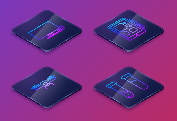 设置等距线智能电视，无人机飞行，平板电脑和试管，烧瓶。蓝色方块按钮。向量图片下载