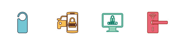 设置请勿打扰，智能汽车安全系统，带有密码的监视器和无线数字门锁图标。向量图片下载