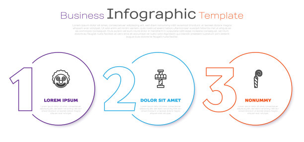 设置线小丑头，吸引旋转木马和生日聚会喇叭。业务信息模板。向量图片下载