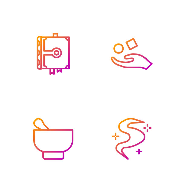 设定线魔雾或烟，臼和杵，古代魔书和魔方悬浮在手上。渐变颜色图标。向量图片下载