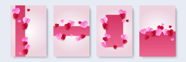 情人节概念海报集。矢量插图。三维红色和粉红色的纸心与框架上的几何背景。可爱的爱情销售横幅或贺卡图片下载