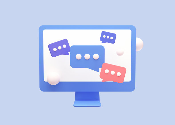 通过电脑进行在线通信。带有语音气泡信息的电脑显示器。社交媒体的通知。3 d渲染。蓝色的图片下载