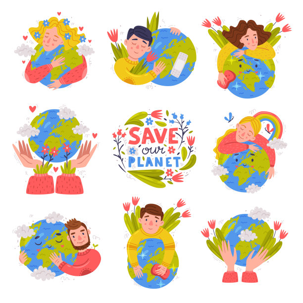 以生态贴纸和标语作为环境保护矢量集关注地球图片下载