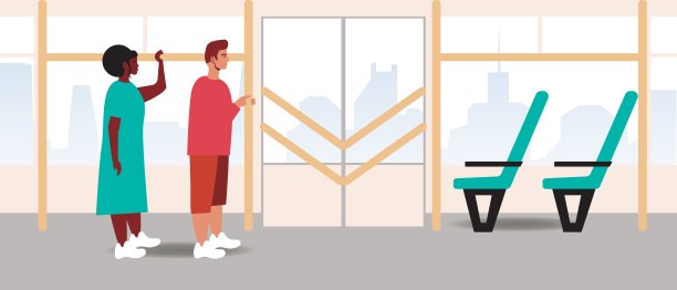 乘客车厢内排队等候，城市客车内多元文化人群的平面矢量图集图片下载