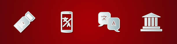 设置博物馆门票，在线翻译，翻译和建筑图标。向量图片下载