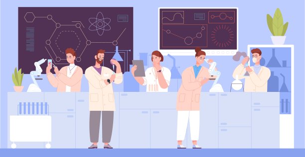 研究实验室的科学工作者。动画科学家在实验室化学医疗科学设备，开发制药生物技术，精彩的载体插图图片下载