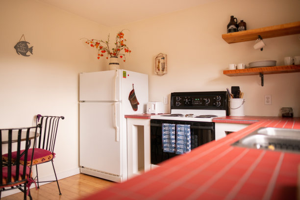 厨房里有冰箱和炉子，台面铺着瓷砖图片下载