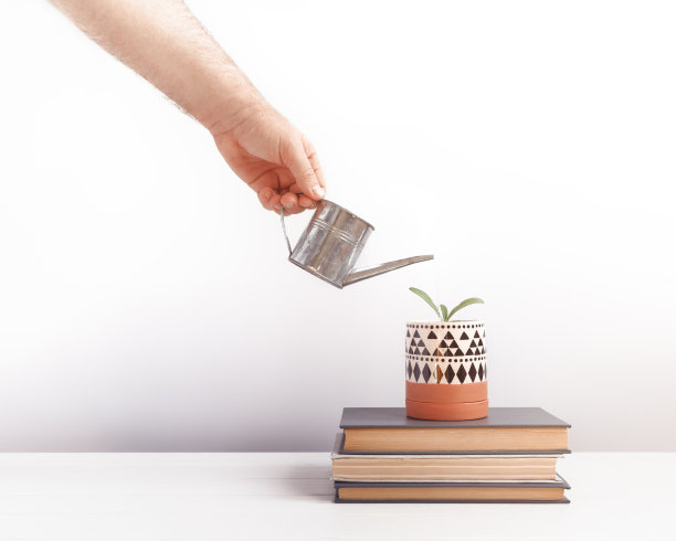 人手拿着一个金属喷壶，在一堆书的花盆里给植物或草浇水。图片下载