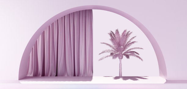 棕榈树和淡紫色窗帘的简约场景图片下载
