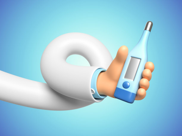 有趣的卡通医生灵活的手与温度计，剪辑艺术孤立在蓝色背景。医学比喻，揭示了检查病毒和感冒的概念。三维渲染图片下载