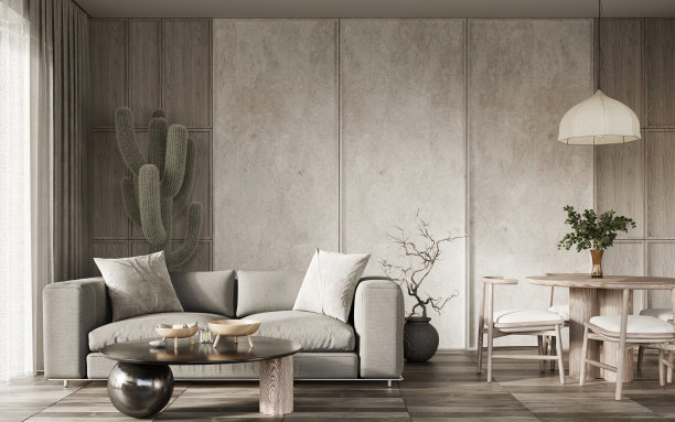 现代家具和大仙人掌的现代客厅设计。墙模型概念，3d渲染图片下载