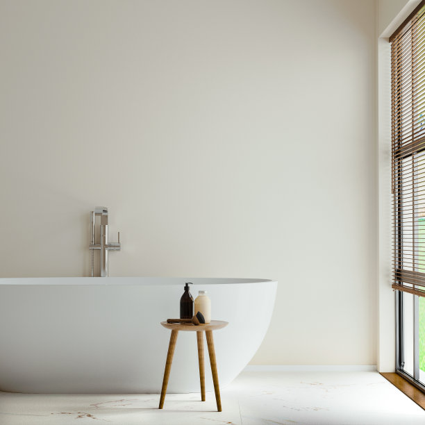 现代浴室内饰，靠近窗户的独立浴缸，3d渲染图片下载