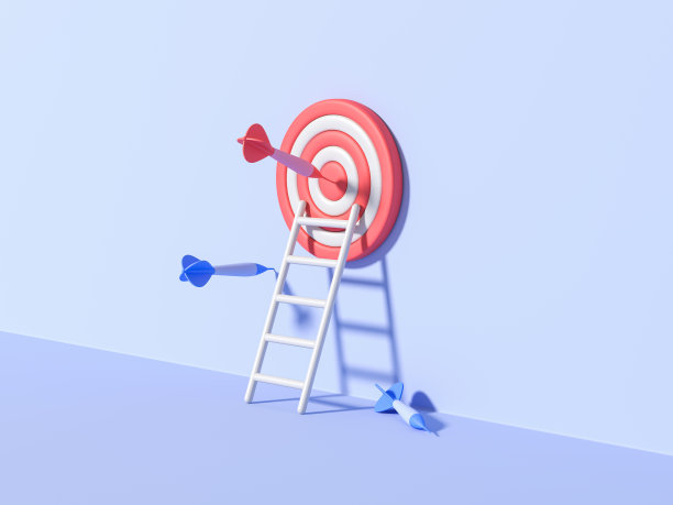 箭头击中目标的中心和蓝色背景的白色楼梯。企业目标实现理念。最小抽象墙纸概念。3 d渲染图图片下载