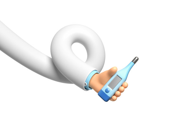 有趣的卡通医生灵活的手与温度计，剪辑艺术孤立在白色背景。医学比喻，揭示了检查病毒和感冒的概念。三维渲染图片下载