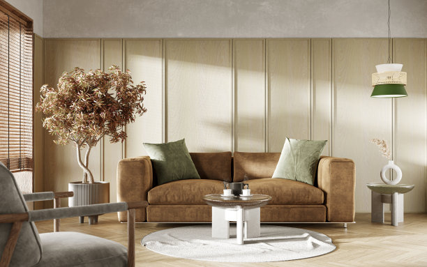 简约的室内设计，木窗和室内树木。室内模型，3d渲染图片下载