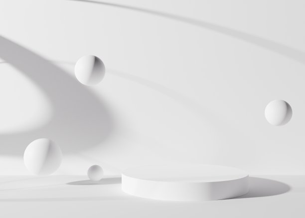 白色圆形讲台与球体和阴影在白色背景。优雅的产品、化妆品展示平台。模拟。美容产品的底座或平台。空的场景。3 d渲染。图片下载