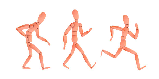 三维插图的木制人体模型与关节疼痛，行走和跑步。图片下载