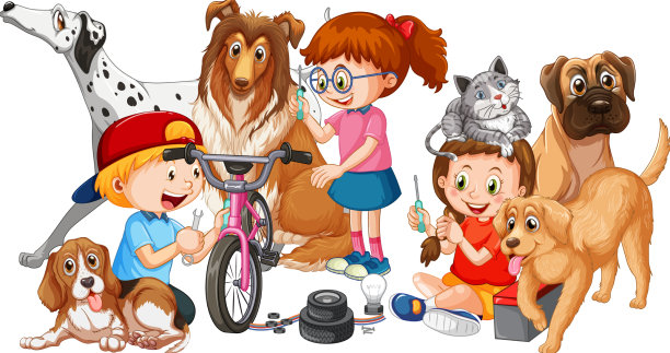 孩子们和他们的狗玩卡通风格图片下载